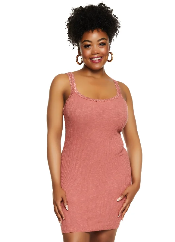 Plus Size Haute Monde Rib Knit Lace Trim Tank Dress