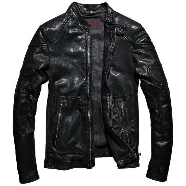 Men Motorcycle Biker Genuine Leather Jacket Brand Spring Autumn Slim Sheepskin Short Coat Casual Stand Collar Outwear Plus Size