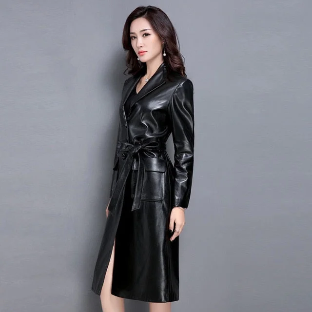 New Women's Genuine Leather Trench Female Spring And Autumn Long Sheepskin Windbreaker Female Coat Dust Coat Leather Jacket