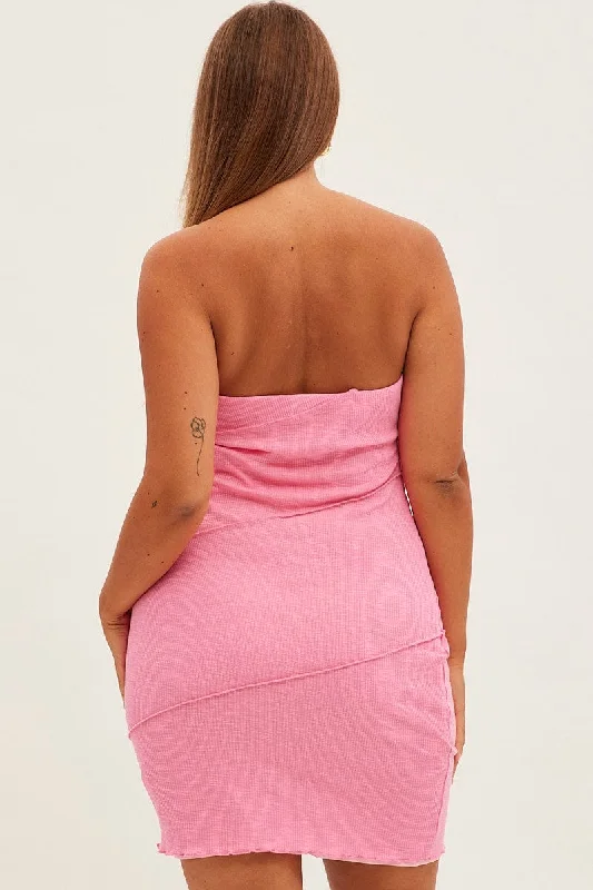 Pink Bodycon Dress Strapless Rib Jersey