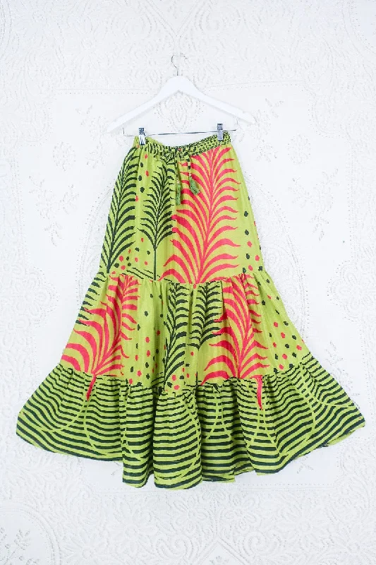 Rosie Maxi Skirt - Vintage Sari - Tropical Lime & Flamingo Pink Ferns - XS- S/M