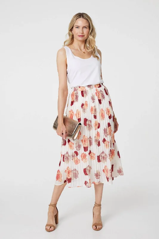 Rose Print Pleated High Waist Midi Skirt