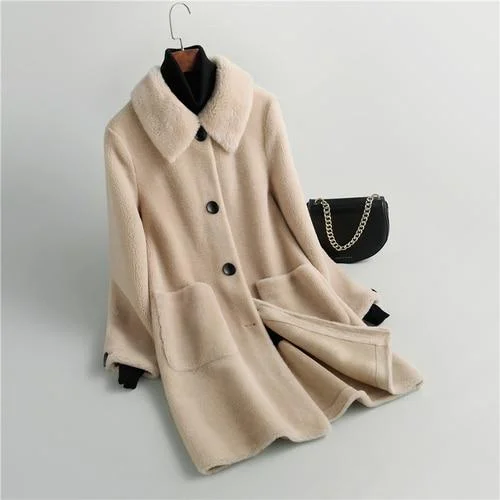 Winter Casual Women's Knitted Sheep Shearling Wool Pocket Coats & Jackets