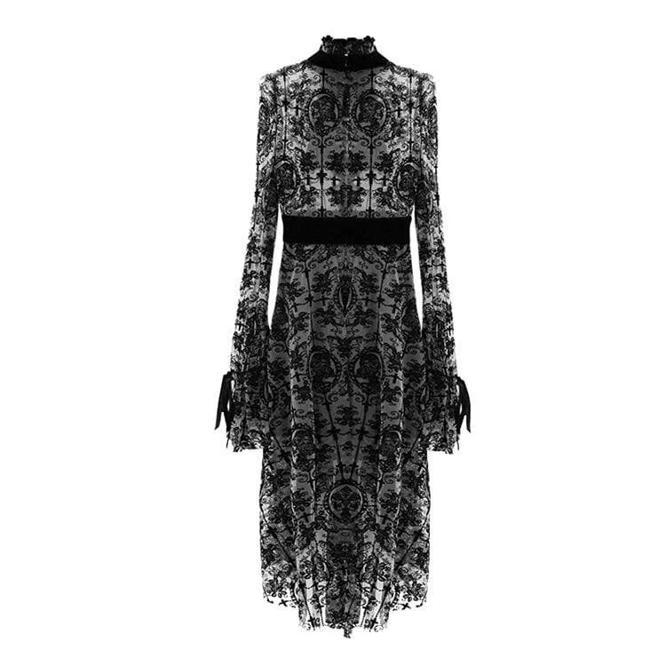 Women's Goth Floral Lace Long Sleeved Dresses