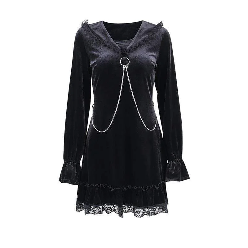 Women's Grunge Lace Splice Falbala Velvet Dress