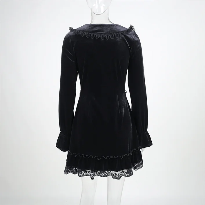 Women's Grunge Lace Splice Falbala Velvet Dress