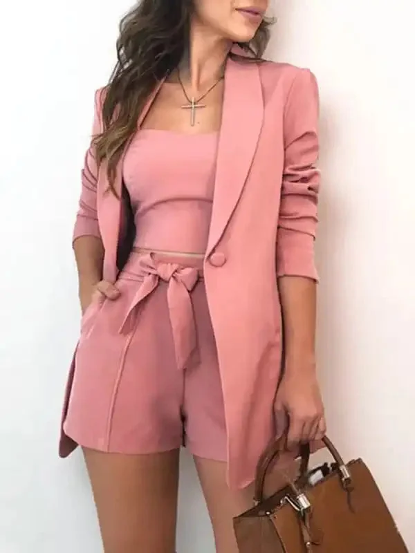 Women’s Solid Color Three-piece Suit Long Sleeve Blazer Matching Tank Top And Shorts