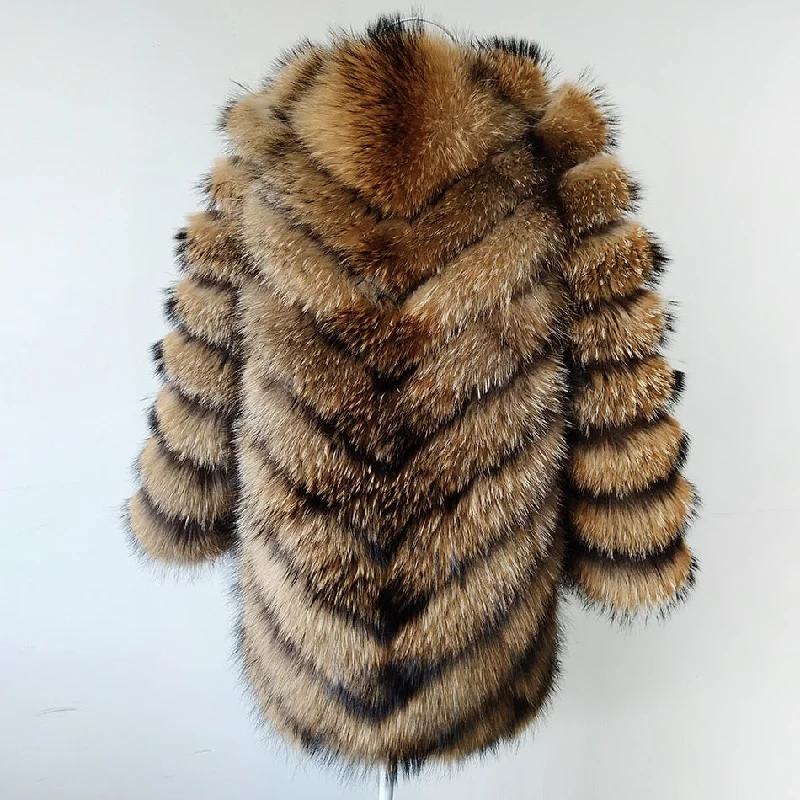 Women's Winter Warm Real Raccoon Silver Fox Fur Round Neck Coat