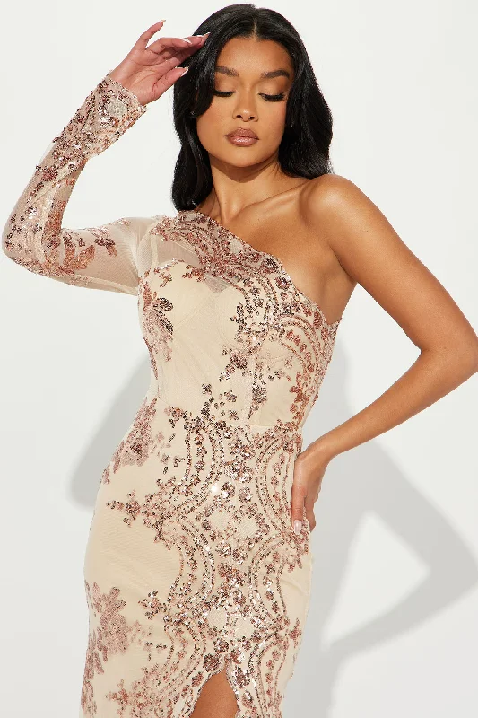 All Nighter Long Sleeve Sequin Gown - Nude/combo