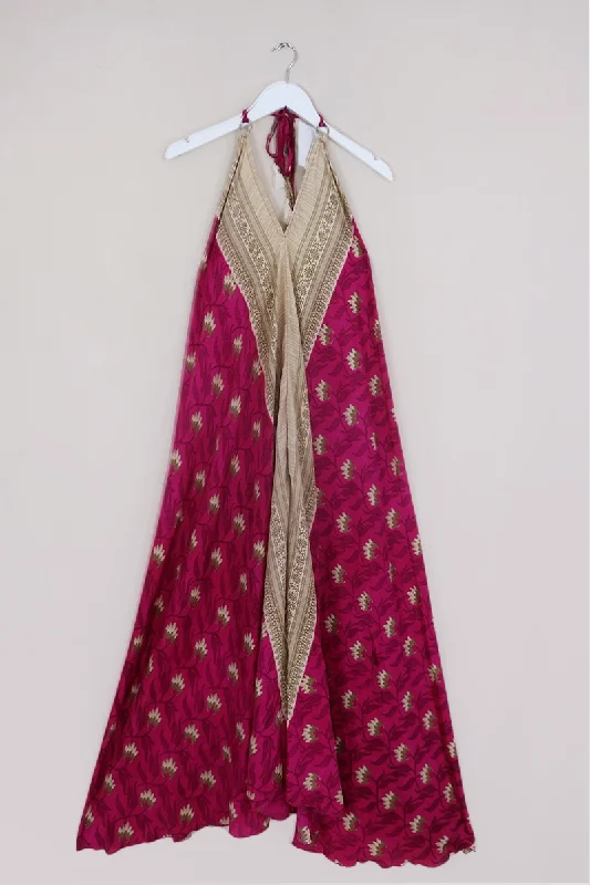 Athena Maxi Dress - Vintage Sari - Deep Pink & Champagne Strawflowers  - M to L/XL