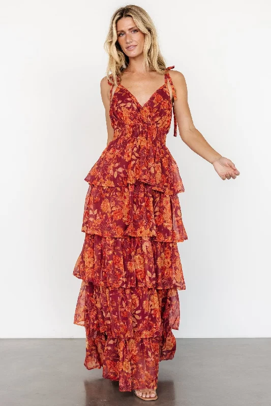 Basma Tiered Maxi Dress | Burgundy Print