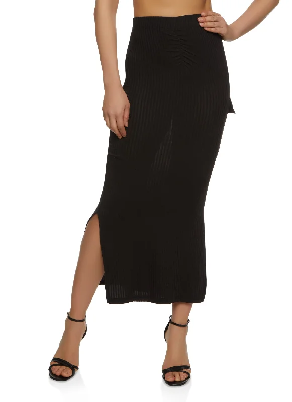 Ribbed Cargo Pocket Ruched Detail Maxi Skirt