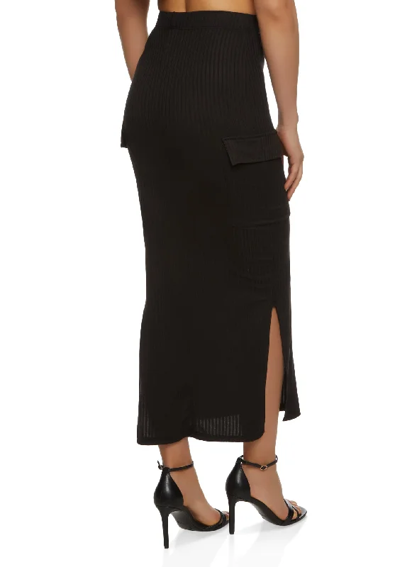 Ribbed Cargo Pocket Ruched Detail Maxi Skirt