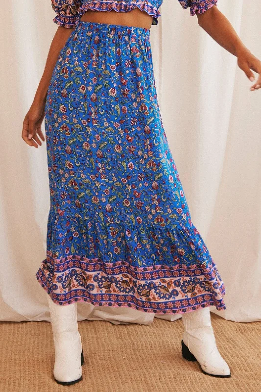 Blue Boho Maxi Skirt High Waisted Elastic Band Frill Hem