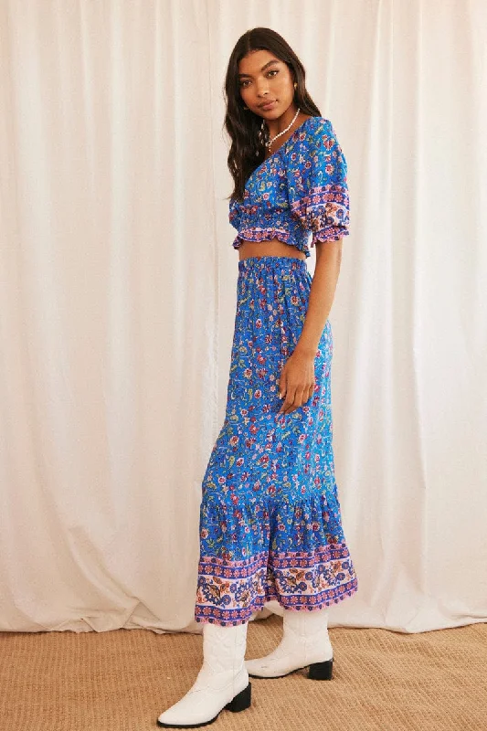 Blue Boho Maxi Skirt High Waisted Elastic Band Frill Hem