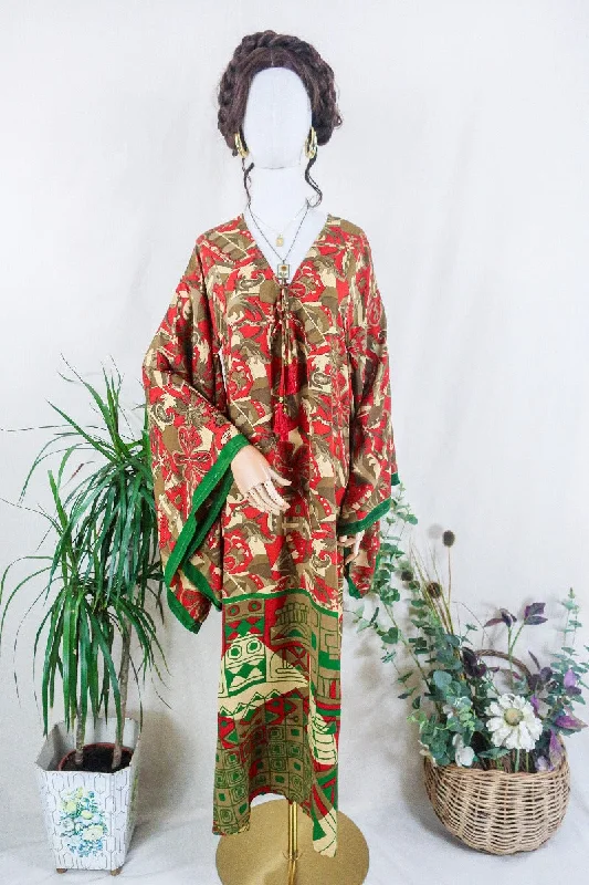 Cassandra Maxi Kaftan - Ash Brown, Green & Bright Red - Vintage Sari - Size S/M