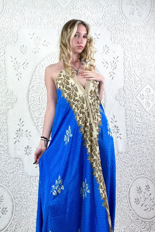 Eden Halter Maxi Dress - Vintage Sari - Majorelle Blue & Beige Leaf Print - Free Size S/M