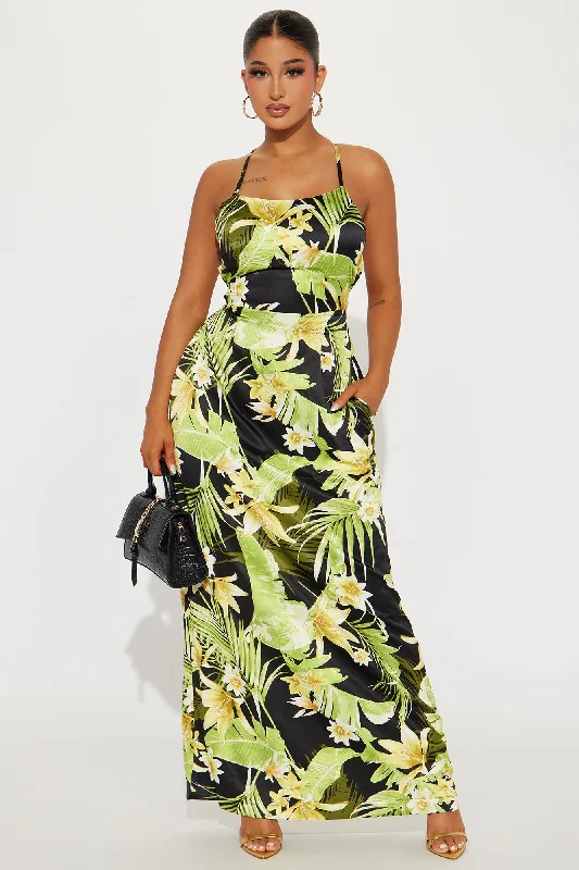 Erin Satin Tropical Maxi Dress - Black