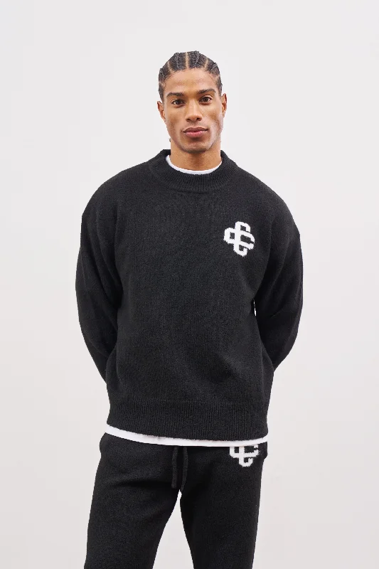 FLUFFY KNIT EMBLEM CREW - BLACK