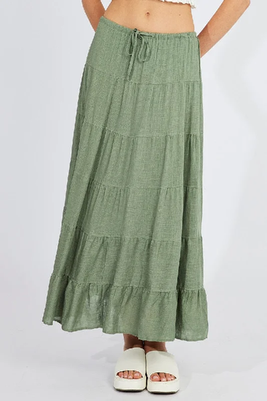 Green Maxi Skirt High Rise Linen Blend