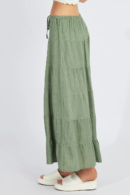 Green Maxi Skirt High Rise Linen Blend