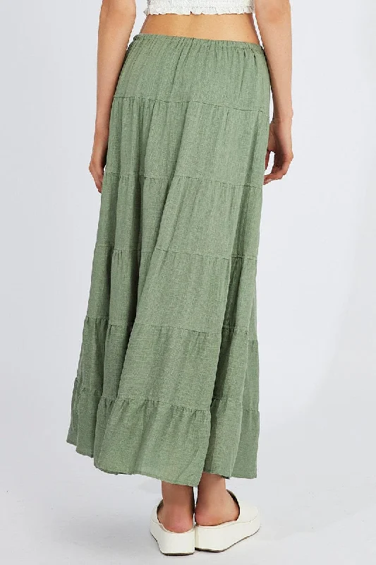 Green Maxi Skirt High Rise Linen Blend