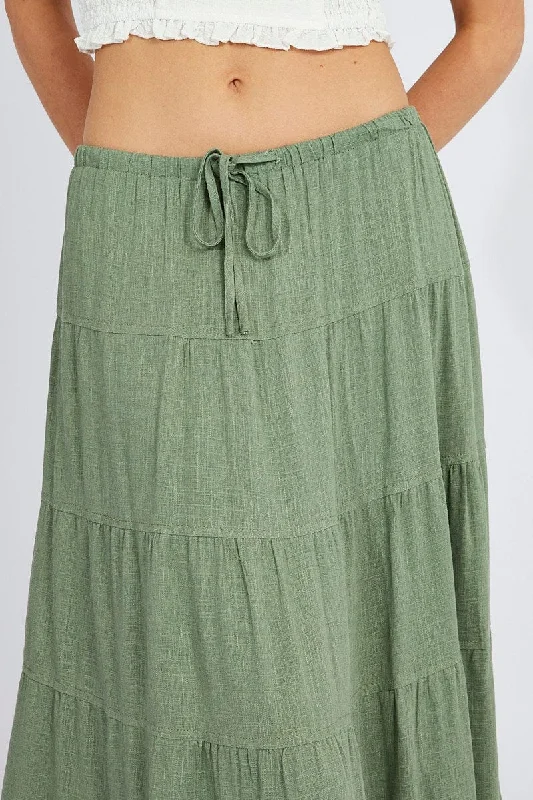 Green Maxi Skirt High Rise Linen Blend