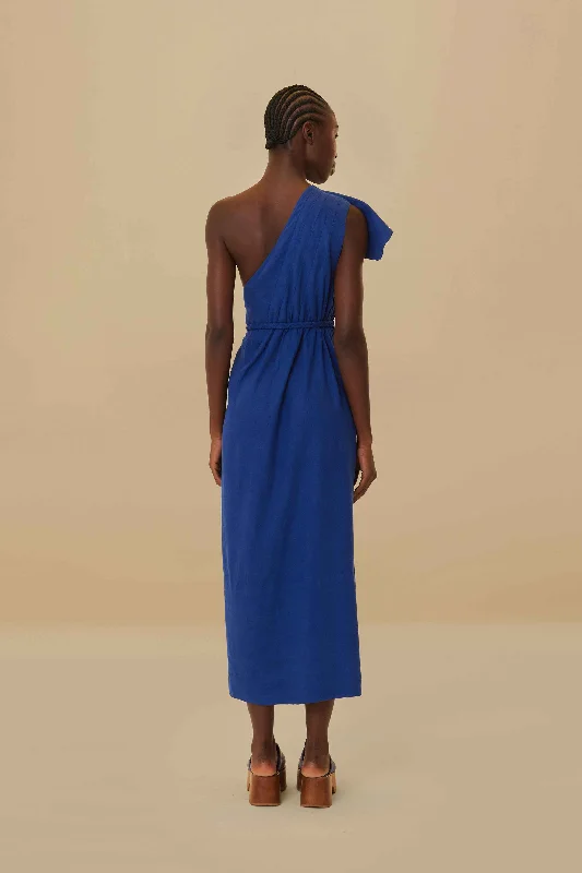 Navy Blue One Shoulder Leaf Lenzing™ Ecovero™ Euroflax™ Maxi Dress