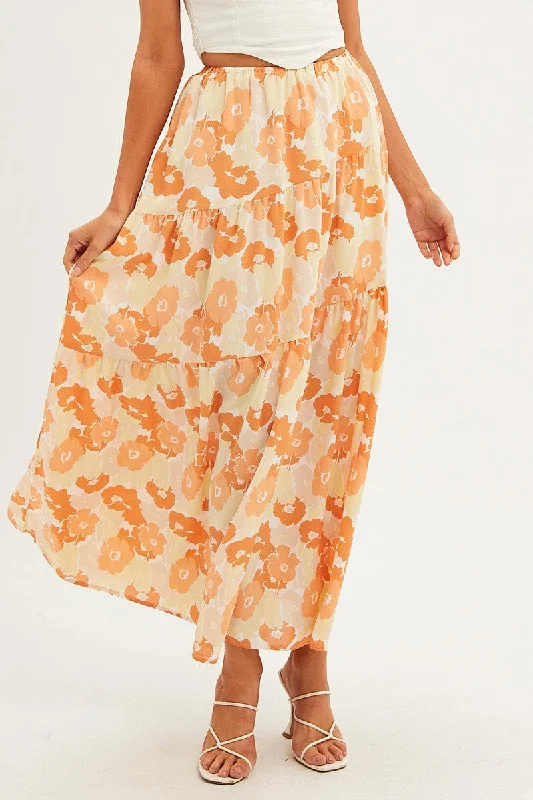 Orange Floral Maxi Skirt Asymmetric Tier Floral Print