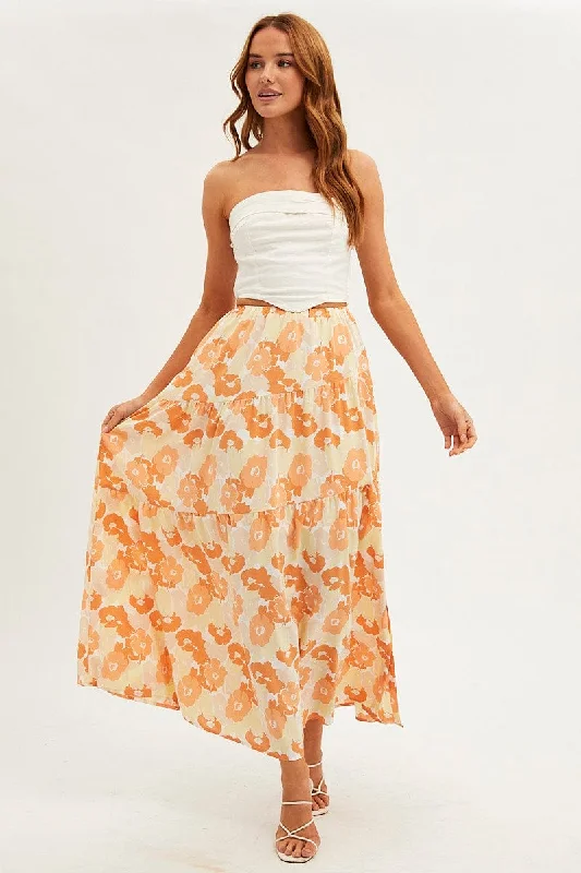 Orange Floral Maxi Skirt Asymmetric Tier Floral Print