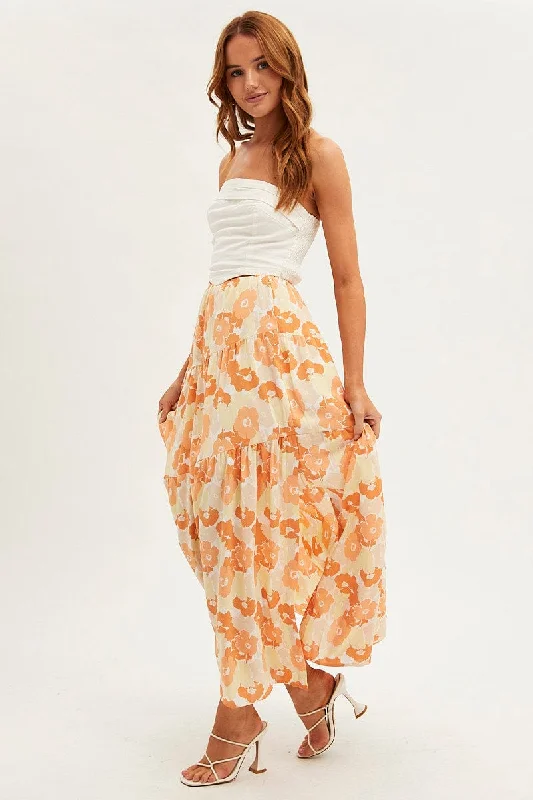 Orange Floral Maxi Skirt Asymmetric Tier Floral Print