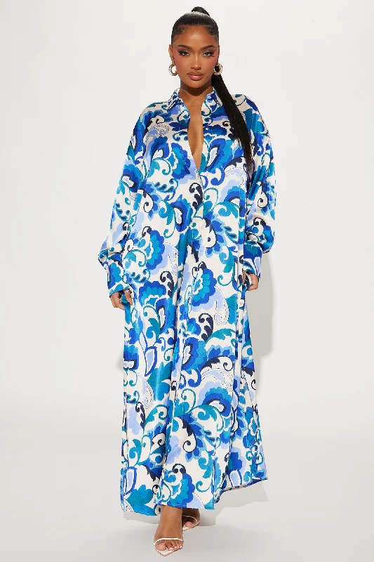 Paisley Satin Shirt Dress - Blue/combo