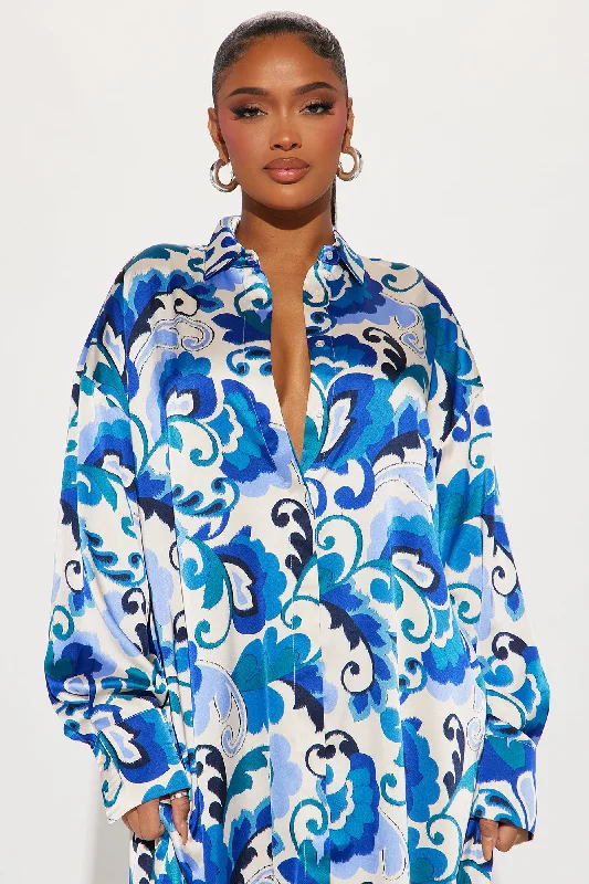 Paisley Satin Shirt Dress - Blue/combo