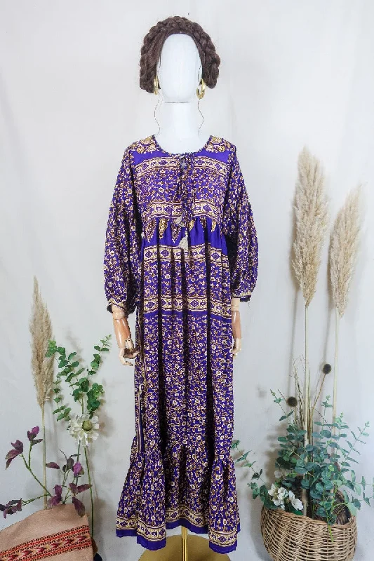 Poppy Smock Dress - Vintage Sari - Plum Purple & Golden Cream Floral - XS