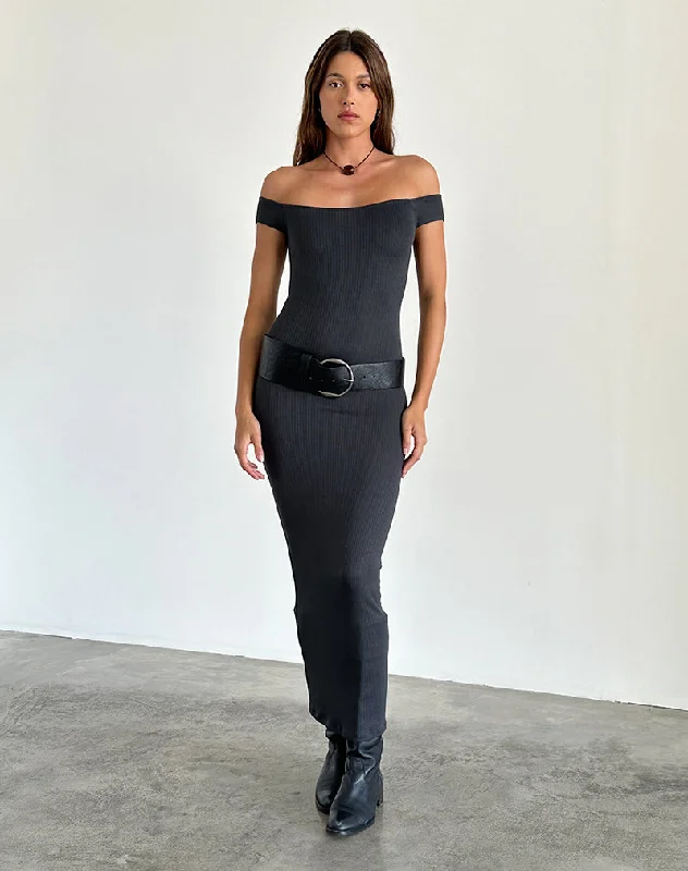 Racha Thick Rib Bardot Maxi Dress in Black Forest