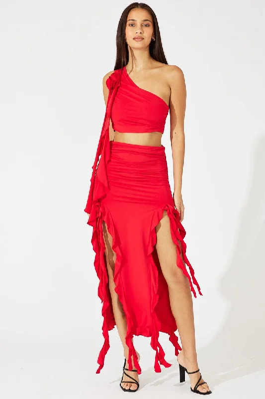 Red Ruffle Maxi Skirt