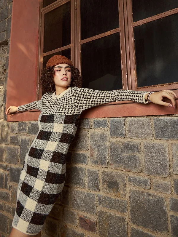 Women Beige Check Woolen Sweater Dress