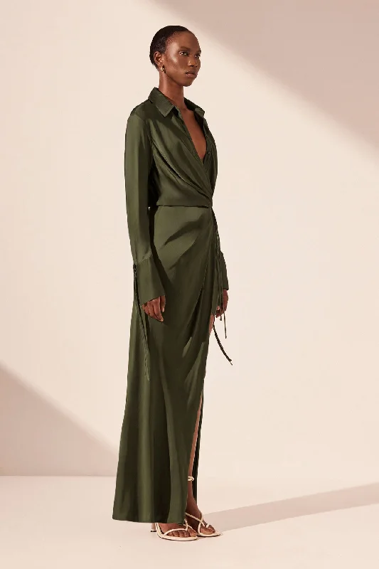 SHAE DRAPED SHIRT MAXI DRESS - PINE GREEN