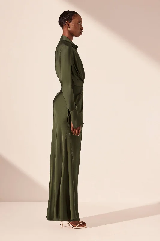 SHAE DRAPED SHIRT MAXI DRESS - PINE GREEN