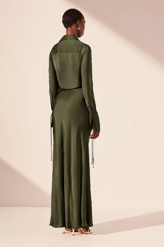 SHAE DRAPED SHIRT MAXI DRESS - PINE GREEN