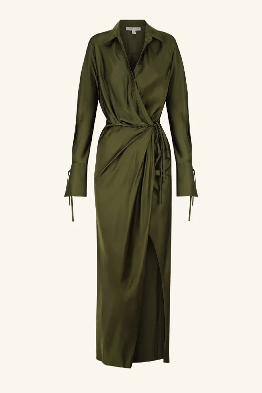 SHAE DRAPED SHIRT MAXI DRESS - PINE GREEN