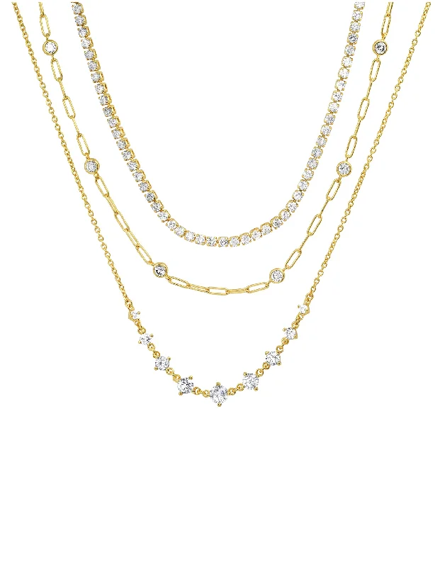 Triple Layer Link Tennis Necklace, Gold Plated