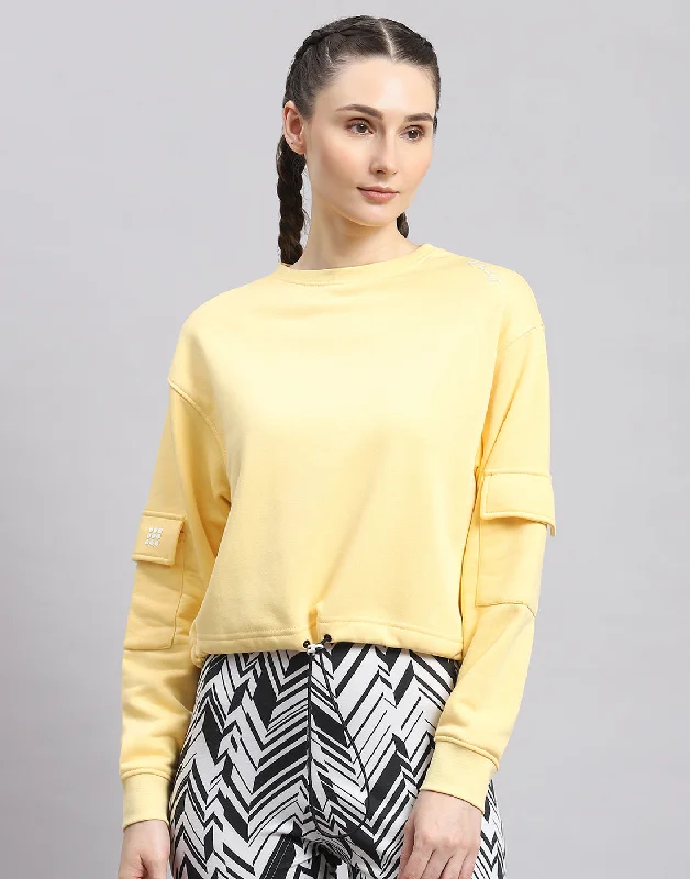 Women Yellow Solid Round Neck Full Sleeve Sweatshirt