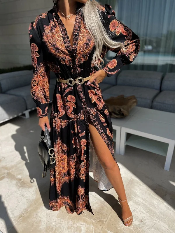 Vintage Print Long Sleeve Slit Dress