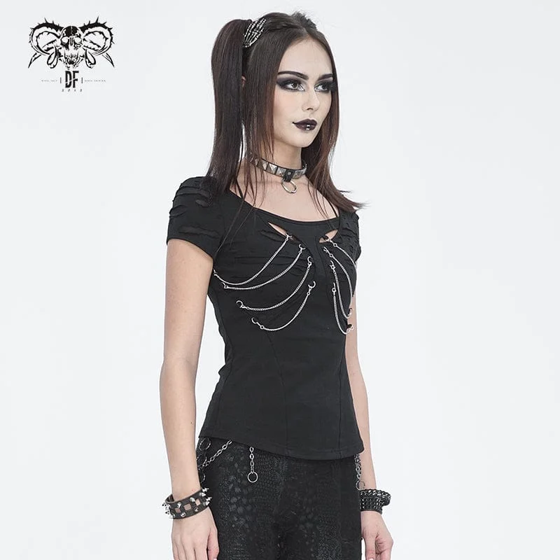 Women's Punk Cutout Ripped Chain Short Sleeved Tee